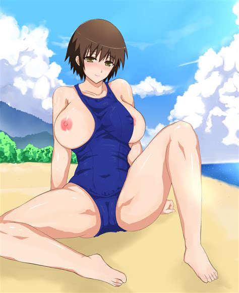 0byte yoshii akira baka to test to shoukanjuu 1girl areola slip arm support beach blush