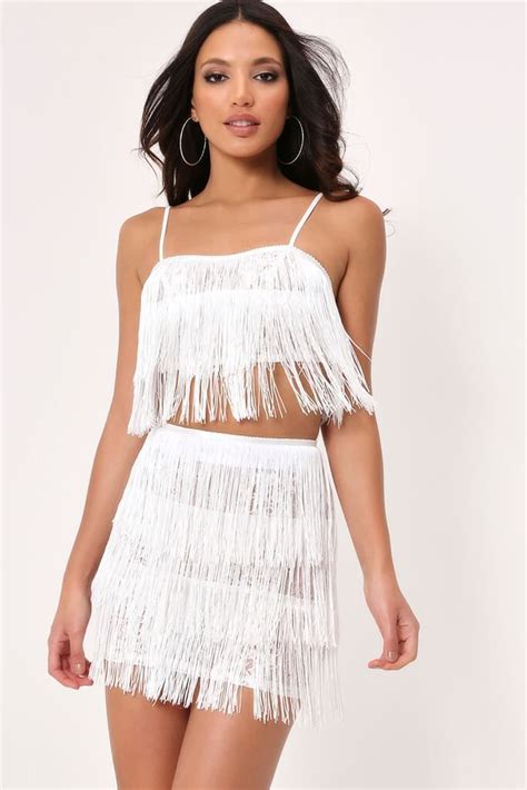 White Fringe And Lace Mini Skirt Fringe Skirt Outfit Lace Mini Skirts Fancy Dresses