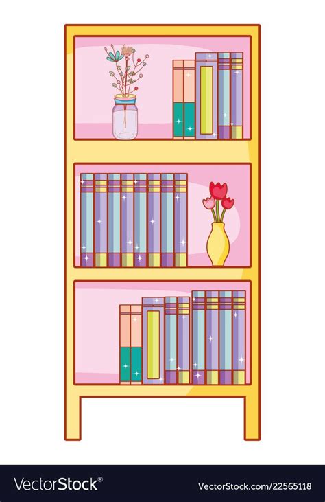 Home Bookshelf With Books And Flowers Cartoon Vector Illustration