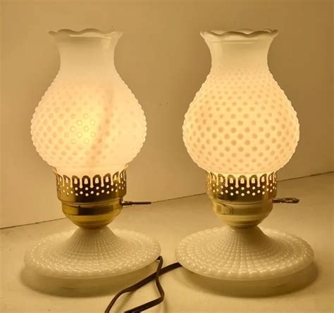 Vintage Pair Of White Milk Glass Hobnail Boudoir Bedroom Table Lamps Tall Picclick