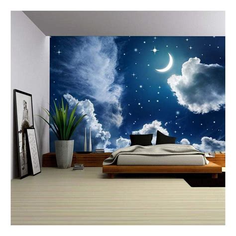wall26 night sky with stars and moon removable wall mural self adhesive large wallpaper