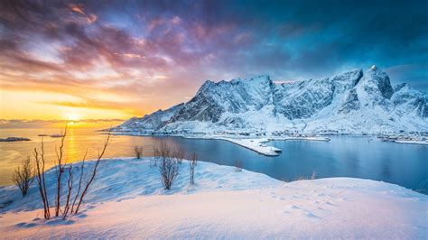 Wallpaper Lofoten Islands Norway Sunset Lake Mountains Snow