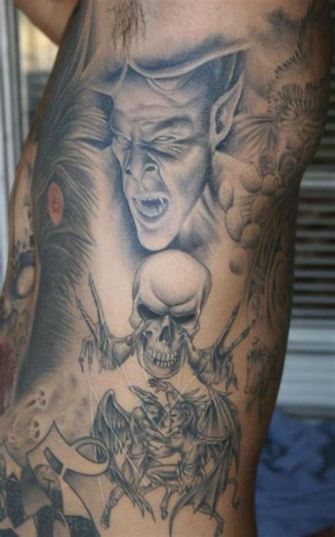 Horror Style Black And White Various Monsters Tattoo On Side