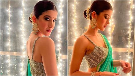 Shanaya Kapoor Stuns In Green Saree Strappy Blouse With Gajra For Diwali Suhana Khan Says Most