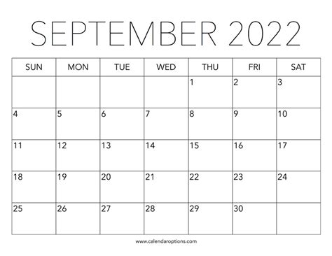 Printable September 2022 Calendar Calendar Options