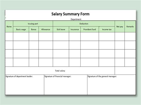 Excel Of Green Salary Summary Formxlsx Wps Free Templates