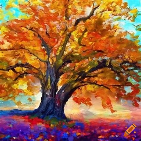 Painting Of A Dancing Autumn Oak Tree