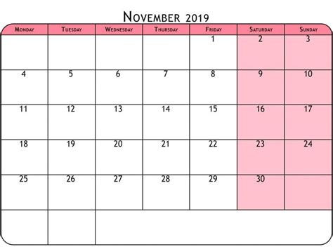 Printable November 2019 Calendar Pink Calendar Printables Daily