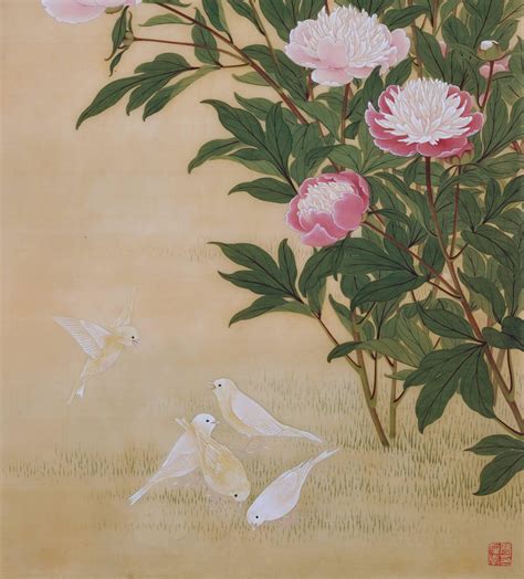 19th Century Japanese Bird And Flower Painting Canaries And Woodland