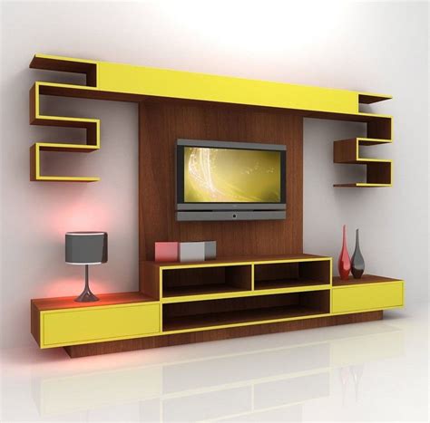 Contemporary Yellow Mixed Brown Wooden Tv Stand Cabinet And Wall Panel