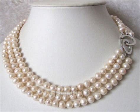 3 Lines 7 8mm White Freshwater Cultured Pearl Necklace 16 18 Free