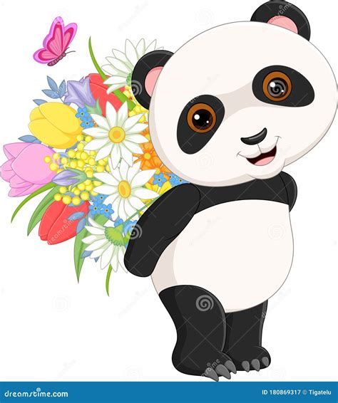 Cute Little Panda Carrying A Flowers Stock Vector Illustration Of