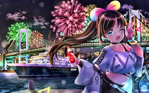 Download Wallpapers Kizuna Ai Fireworks Virtual Youtuber Artwork