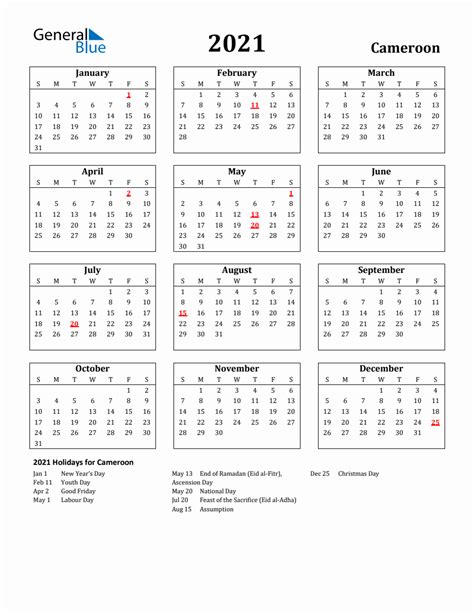 Free Printable 2021 Cameroon Holiday Calendar