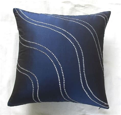 Midnight Blue Throw Pillow W Silver Wave Embroidery 18 Inch Etsy