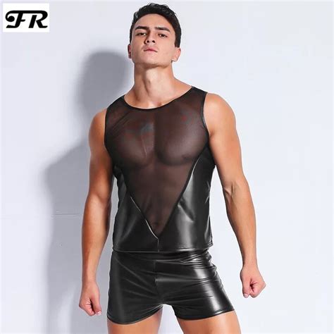 Fr Mens Sexy Mesh Faux Leather Patchwork Tank Topsmens Vestwith Men