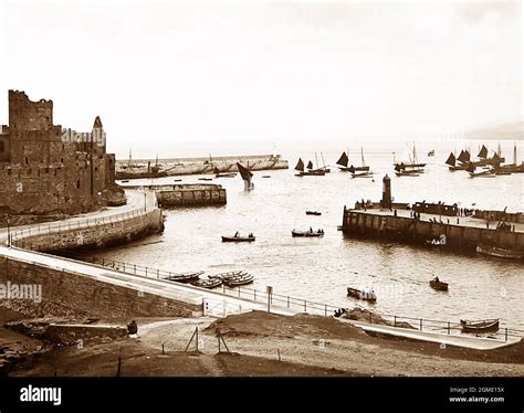 Peel Castle And Harbour Isle Of Man Victorian Period Stock Photo Alamy