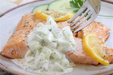 Delicious Poached Salmon With Cucumber Dill Sauce