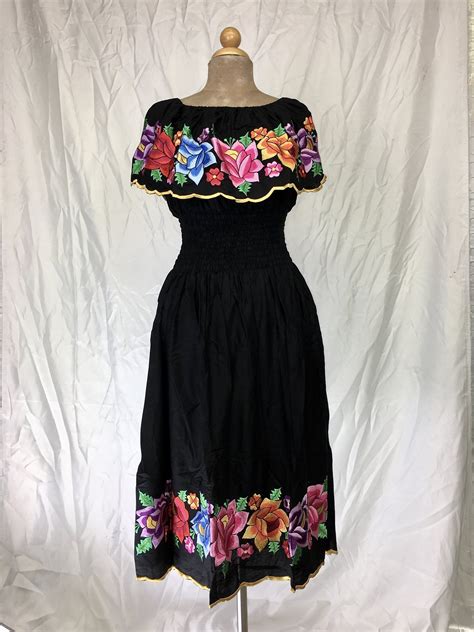 el flounce maxi dress in black multicolor embroidery mexican dresses mexican style dresses