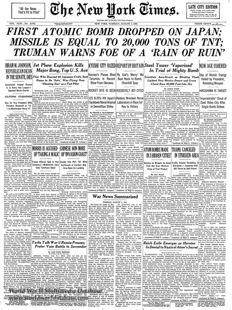 New York Times Front Page, August 7, 1945 | The World War II Multimedia