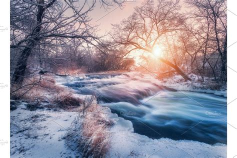 Winter Landscape With Snowy Trees Ice Beautiful Frozen River High