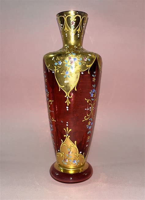 Moser 19th Century Cranberry Glass Vase Gold Guild And Enamel Accents Ebay