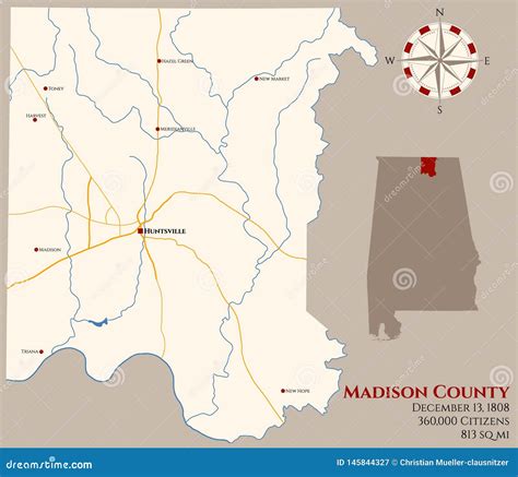 Map Of Madison County In Alabama Stock Vector Illustration Of Rivers