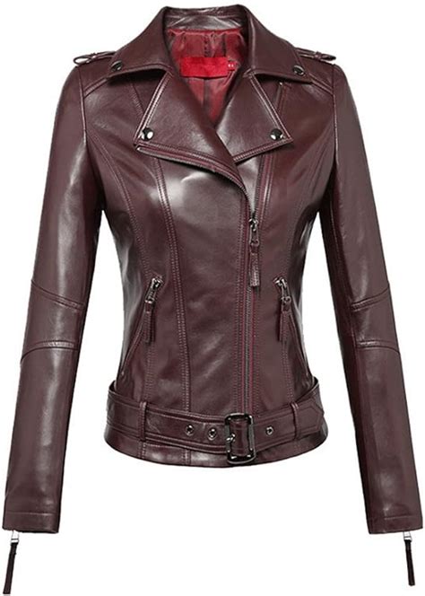 Ljyh Womens Fashion Genuine Lambskin Motorcycle Leather Jacket Wine