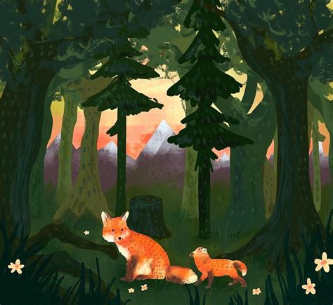 A Painting Of Two Foxes In The Woods With Flowers And Trees Around Them