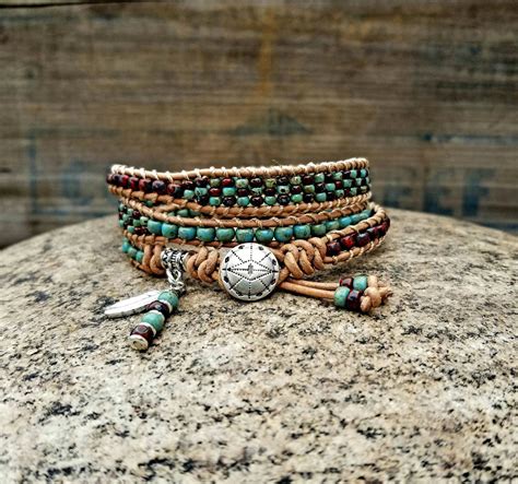 Beaded Leather Wrap Bracelet For Women Native American Etsy Canada Beaded Leather Wraps