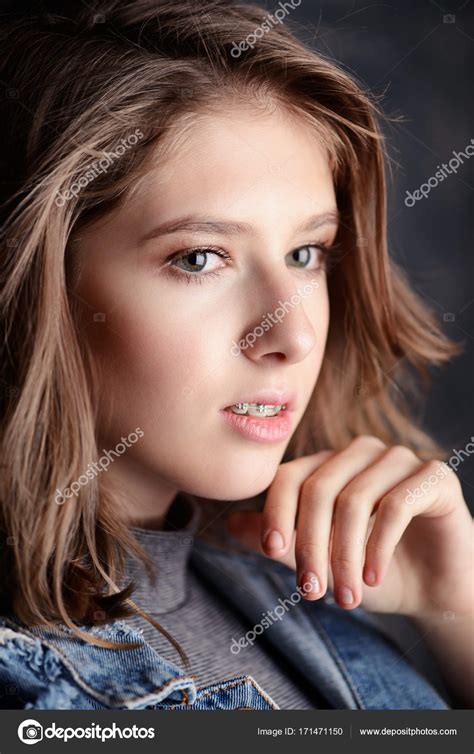 Young Caucasian Teen Girl Portrait With Dental Teeth Braces Stock Photo 054