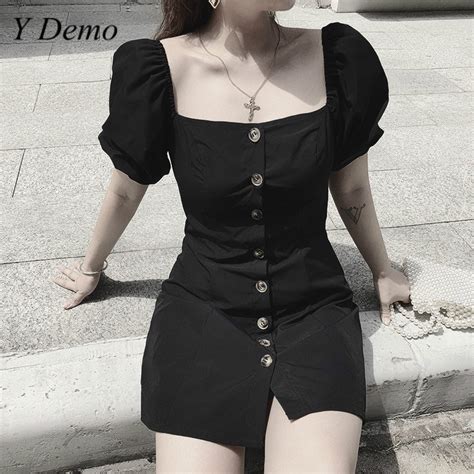 Y Demo Gothic Casual Single Breasted Puff Sleeve Dress Women Slim Square Collar High Waist