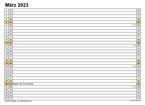 Kalender März 2023 Als Excel Vorlagen