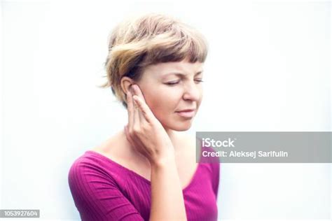 Tinnitus Closeup Up Side Profile Sick Female Having Ear Pain Touching