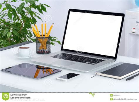 open laptop mockup  digital tablet  smartphone stock photo image