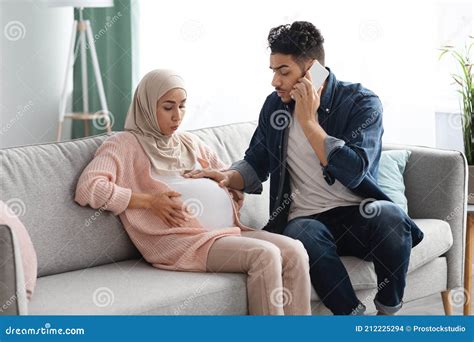 Prenatal Contractions Caring Husband Comforting His Pregnant Muslim Wife Suffering Abdominal