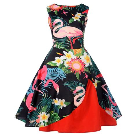 Flamingo Print Summer Vintage Dress Flower Natural Cotton Women Retro