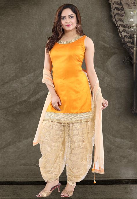 Buy Orange Banglori Silk Readymade Punjabi Suit 167463 Online At Lowest Price From Huge