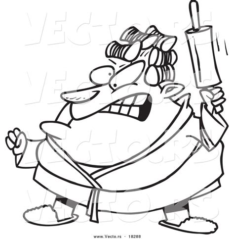 Vector Of A Cartoon Mad Woman Waving A Rolling Pin Outlined Coloring