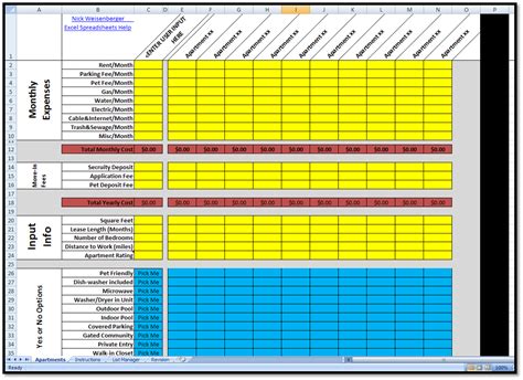 Apartment Comparison Spreadsheet Excel Spreadsheets Templates