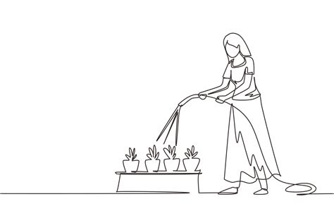 Continuous One Line Drawing Young Woman Watering Potted Plants With