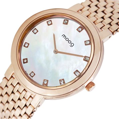 moog paris caresse women s watch with white mop dial rose gold stainless steel strap