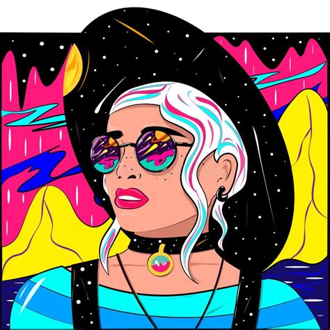 Bright Young Woman In The Style Of Psychedelic Pop Art Stock Vector