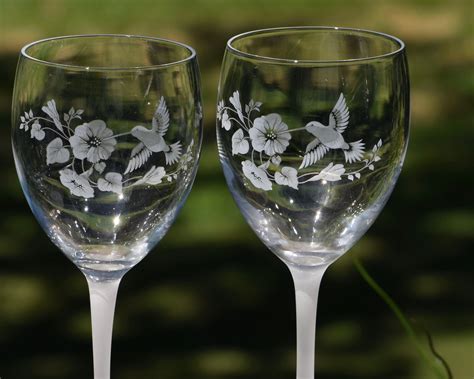 2 Vintage Crystal Etched Hummingbird Wine Glasses Set Of 2 Vintage Etched Water Goblets Avon