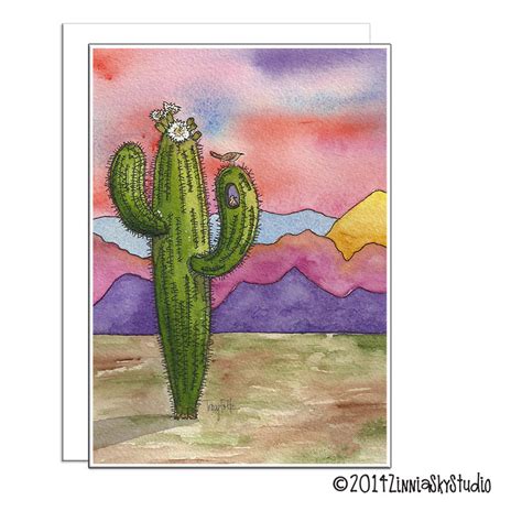 Saguaro Cactus Colorful Mountains Blank Card Zinnia Sky Studio