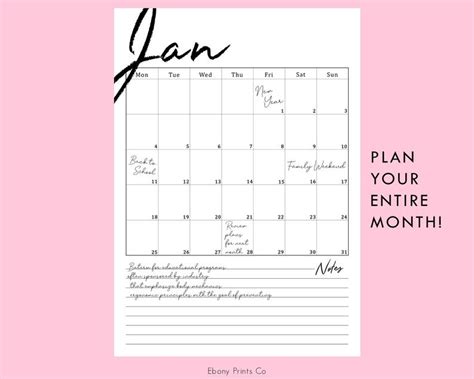 2021 Monthly Calendar Vertical 12 Months Planner Printable