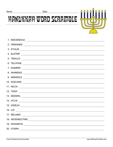 Hanukkah Word Scramble Free Printable