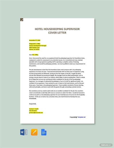 Cover letter samples, hotel housekeeper, housekeeping cover letters. FREE Hotel Housekeeping Supervisor Cover Letter Template - Word (DOC) | Apple (MAC) Pages ...