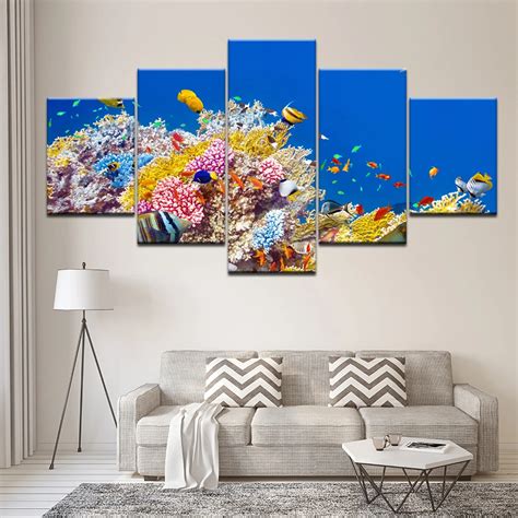 Canvas Painting Orange Field Coral And Colorful Fish 5 Pieces Wall Art