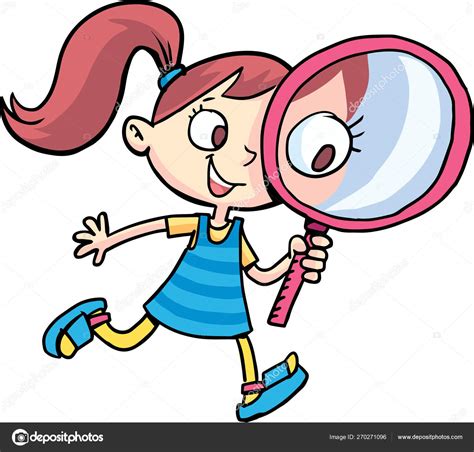 Girl Magnifying Glass Her Hand Looks Curiously Stock Vector Image By © 270271096